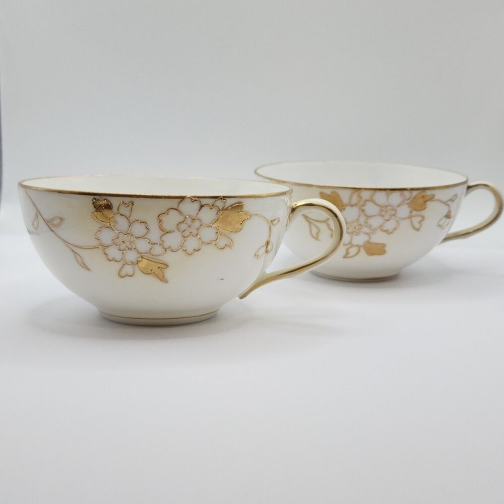 Antique Noritake Morimura Nippon Hand Painted Tea Cups Set of 2 Gold Floral